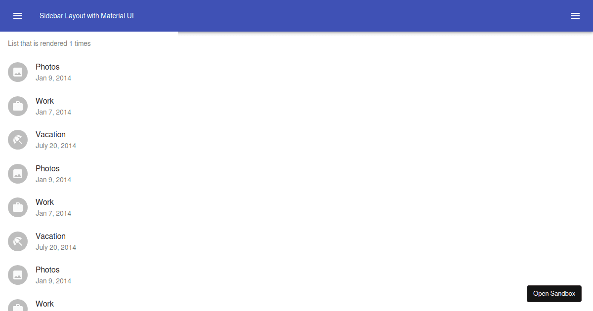 Sidebar Layout Example with Material UI Codesandbox
