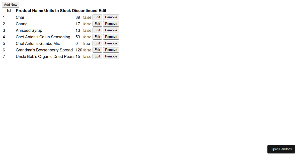 progress/kendogridreactwrapper examples CodeSandbox