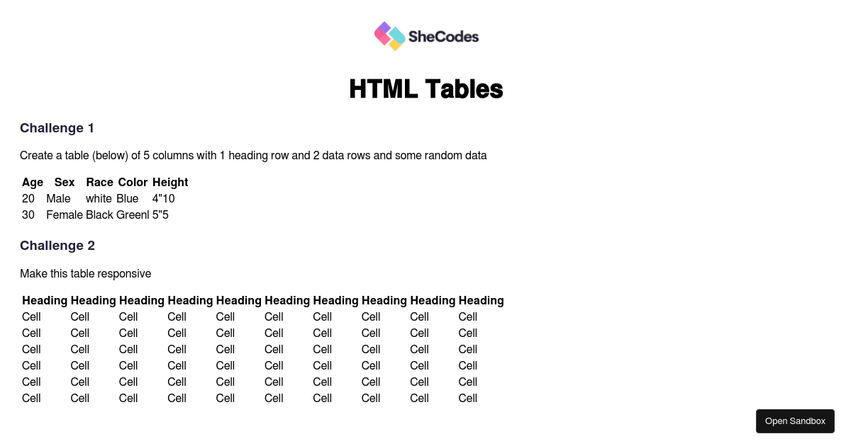 HTML Tables / Challenge (forked) Codesandbox