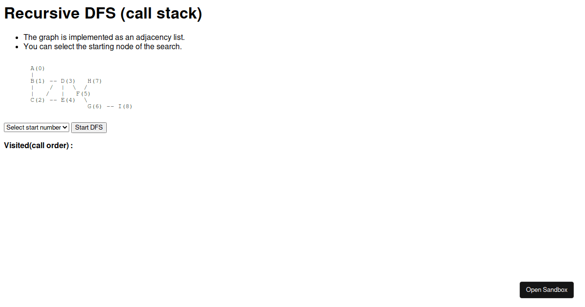 TypeScript recursive DFS (call stack) Codesandbox