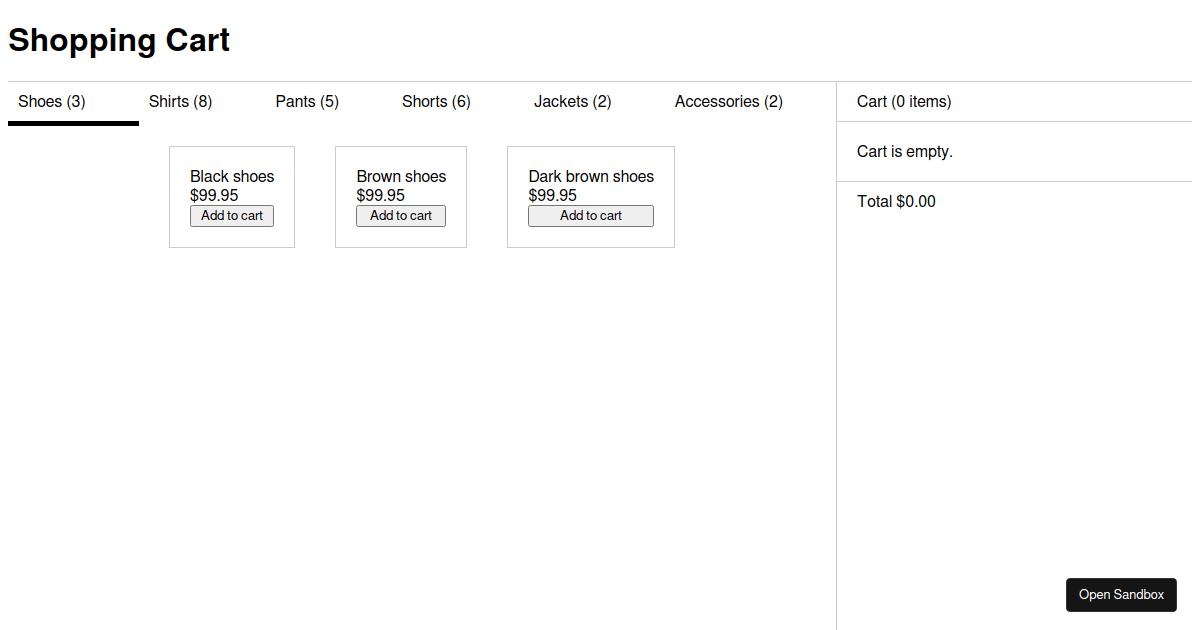 Shopping Cart + React Hooks + Outstated Codesandbox