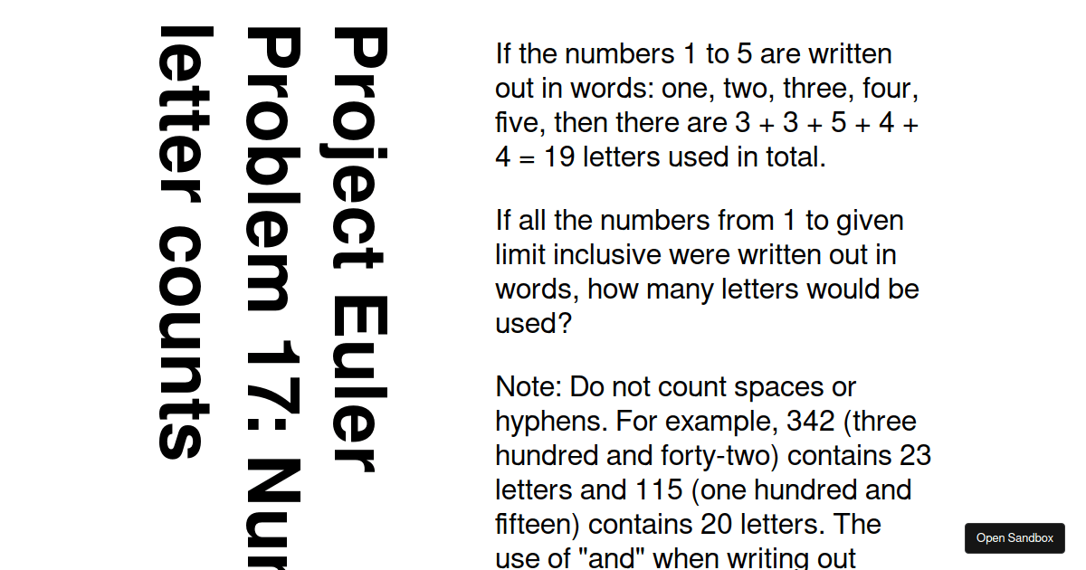 Project Euler Problem 17 Number letter counts Codesandbox