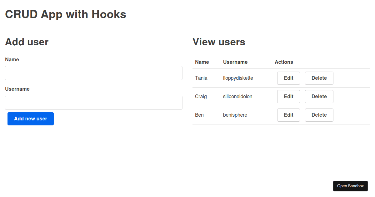 CRUD operation with React Hooks Codesandbox