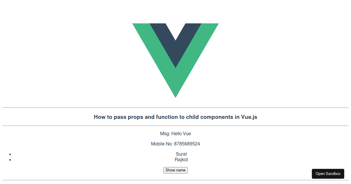 pass props info to child components in Vue.js Codesandbox