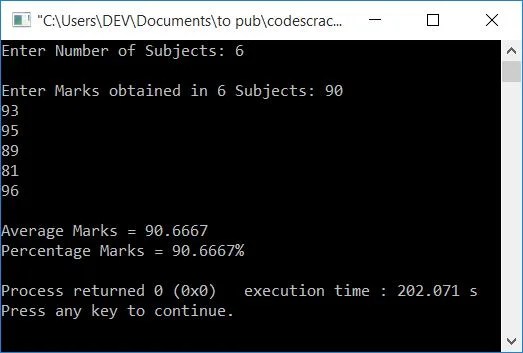 C++ Program to Calculate Average, Percentage Marks
