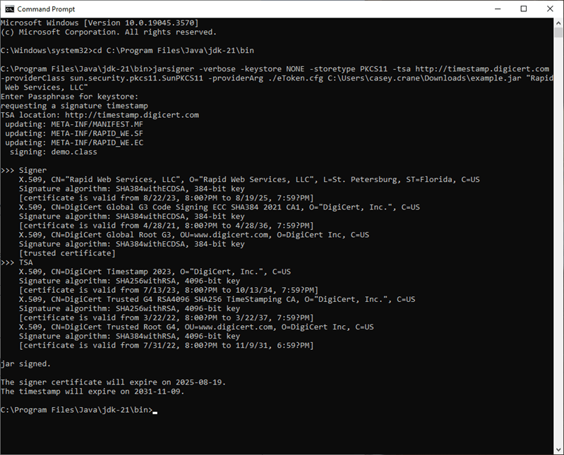 How to Sign JAR File with a Trusted Certificate and a Secure Token
