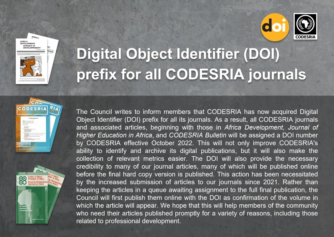 Digital Object Identifier prefix for all CODESRIA journals CODESRIA