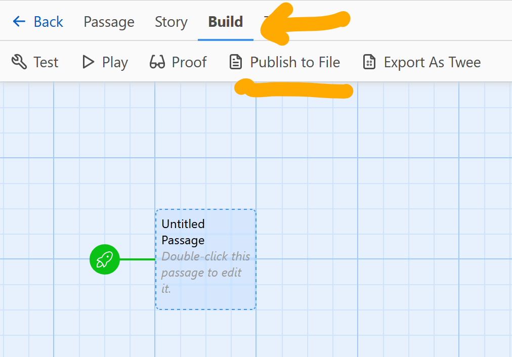 The Twine story editor showing the 'Publish to File' button that allows