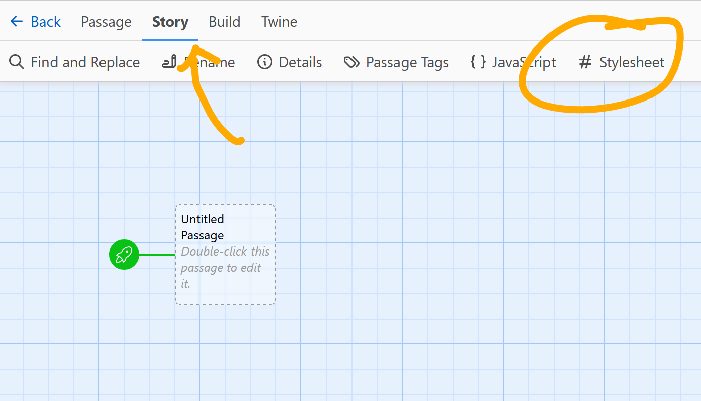 The Twine story menu with an arrow pointing to the option to edit the