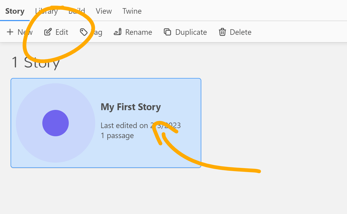 The Twine story selection page, with a single story titled 'My First