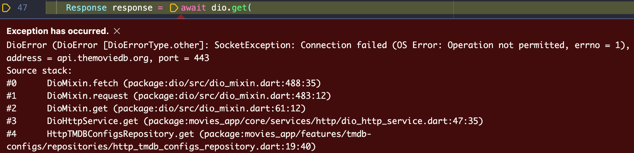 How to fix "SocketException Connection failed (Operation not permitted