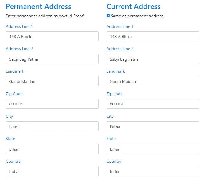 Fill Current Address same as Permanent address in JavaScript