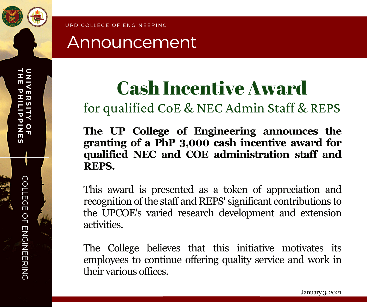 [Announcement] Cash Incentive Award for qualified CoE & NEC Admin Staff