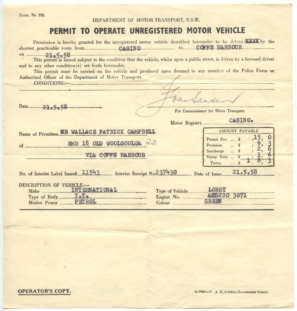 Permit to Operate Unregistered Motor Vehicle, 1958 Coffs Collections