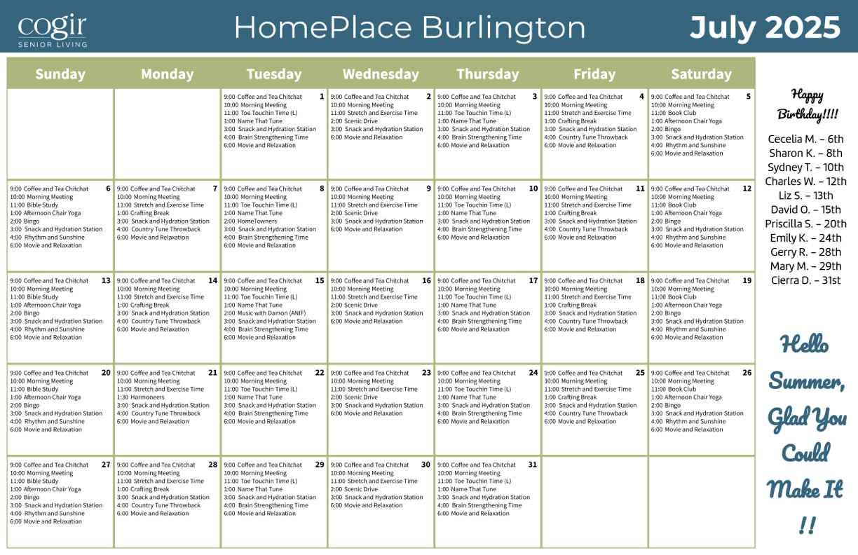 HomePlace at Burlington sample activity calendar Cogir USA