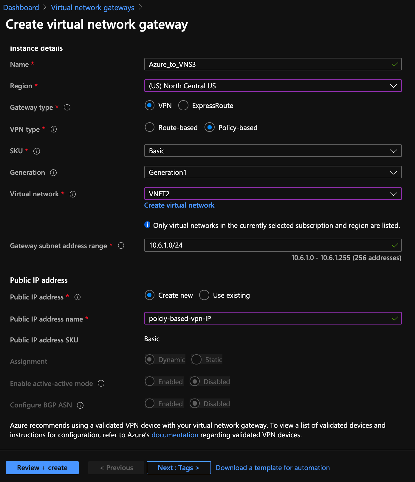 Azure VPN to VNS3 via IPSec