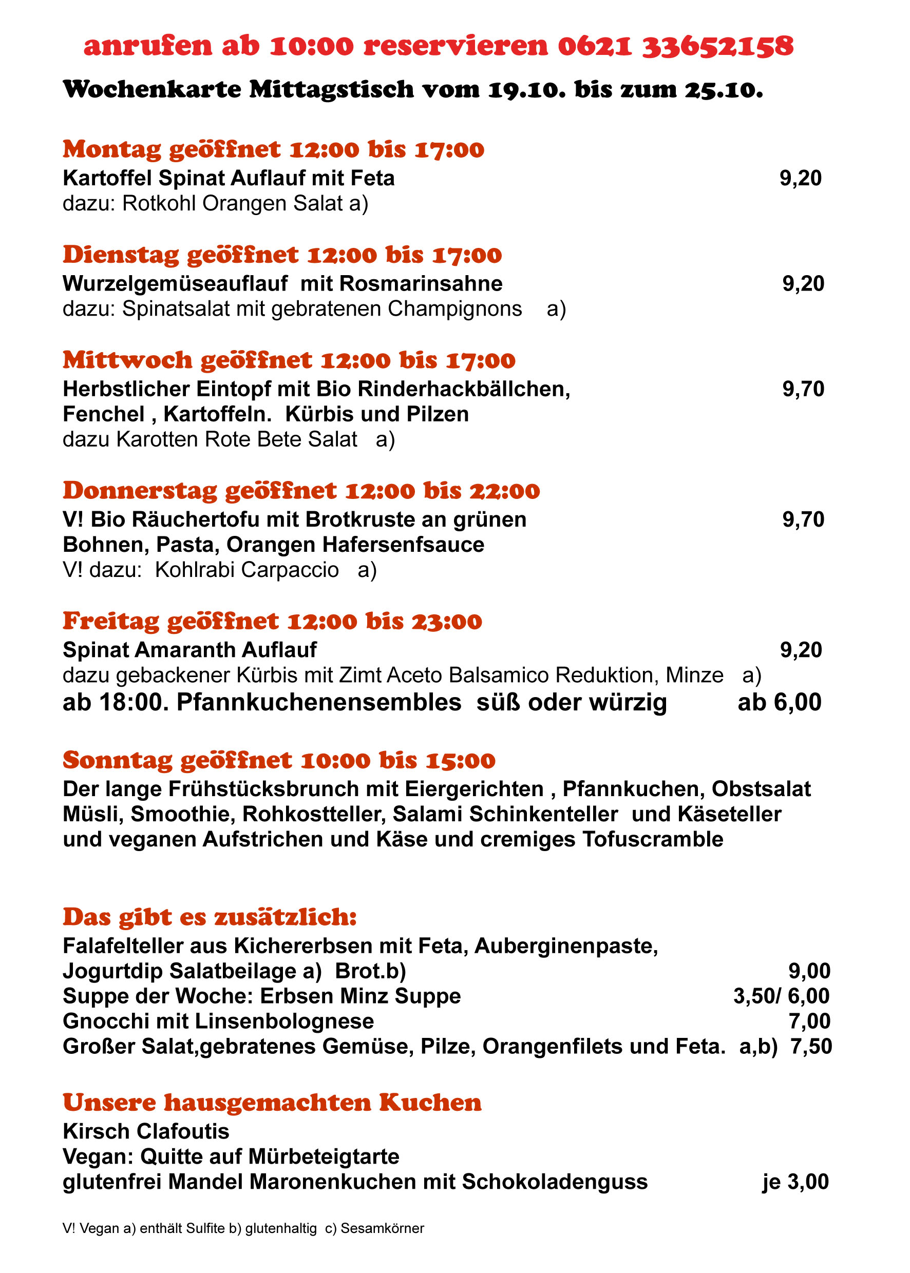 Wochenkarte Mittagstisch vom 19.10. bis zum 25.10. COHRS