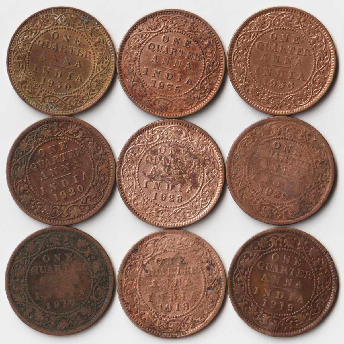 9 Coins Set of One Quarter Anna 1917 to 1936 Copper Coin of King