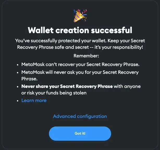 MetaMask Creation Successful