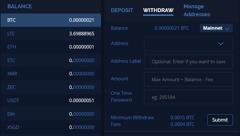 7. Withdraw Cryptocurrency COINUT