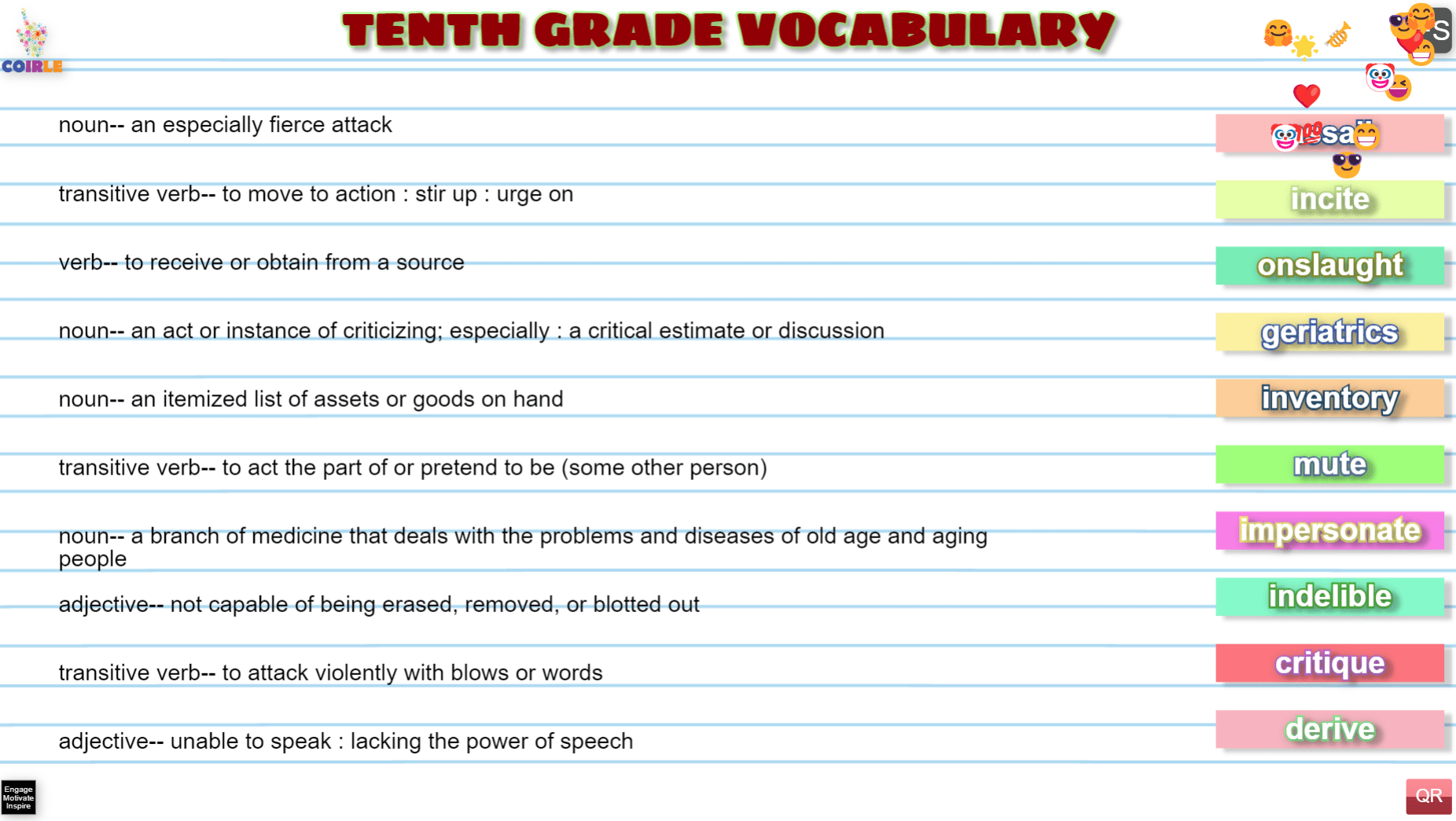 Tenth Grade Vocabulary Definitions Coirle