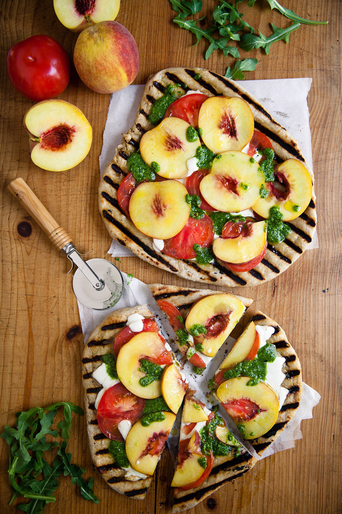 Grilled Peach and Tomato Pizza with Arugula Pesto Colavita Recipes