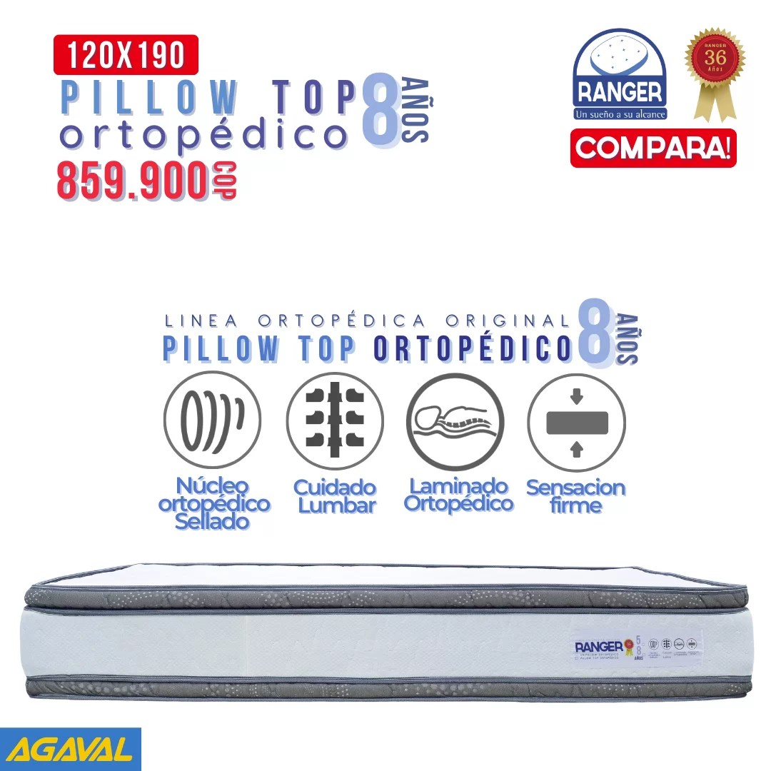 🥇 PILLOW TOP ORTOPÉDICO 8 AÑOS 120 x 190