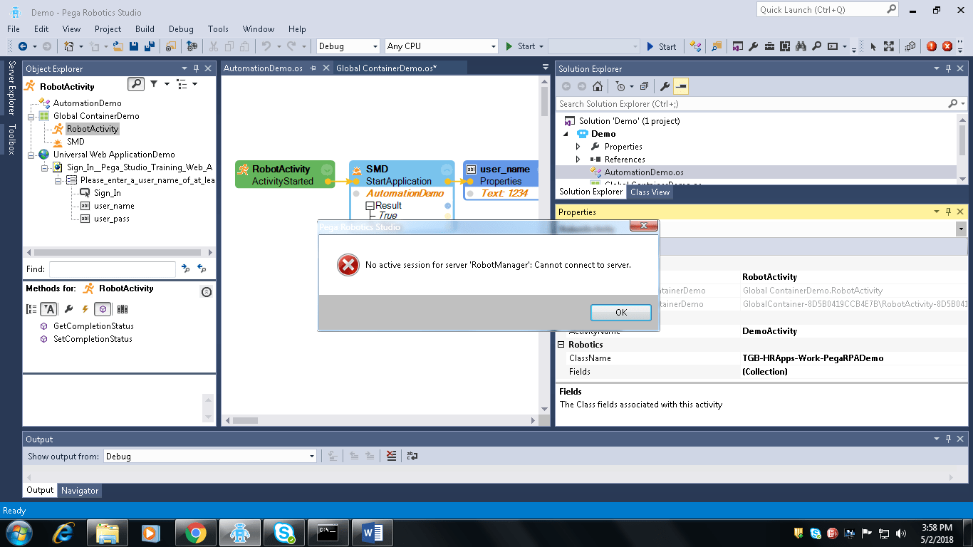 Tried to call robotic activity in pega robotic studio through pega