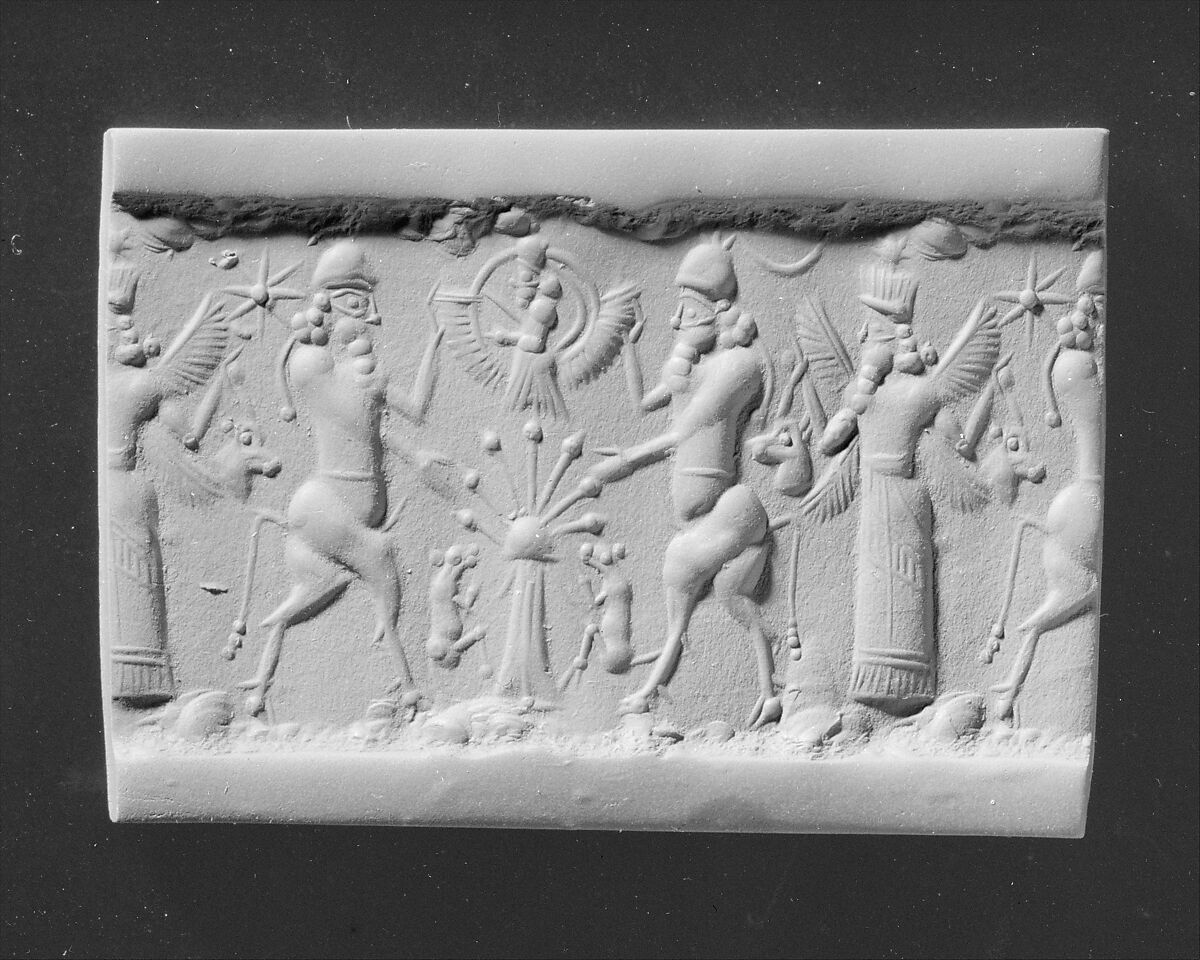 Cylinder seal with cultic scene AssyroBabylonian NeoAssyrian