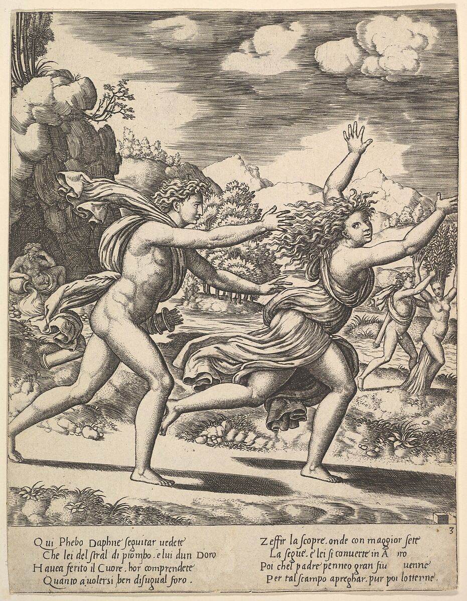 Engraved by Master of the Die Apollo chasing Daphne who throws her