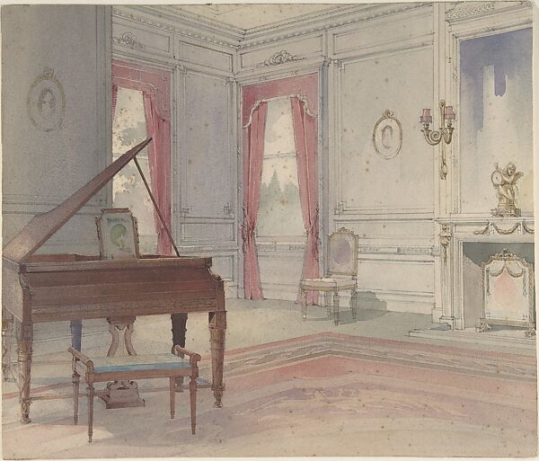 Anonymous, British, 20th century View of a Living Room with Piano