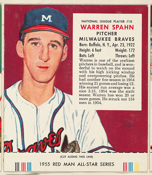Issued by Red Man Chewing Tobacco Warren Spahn, from the Major League