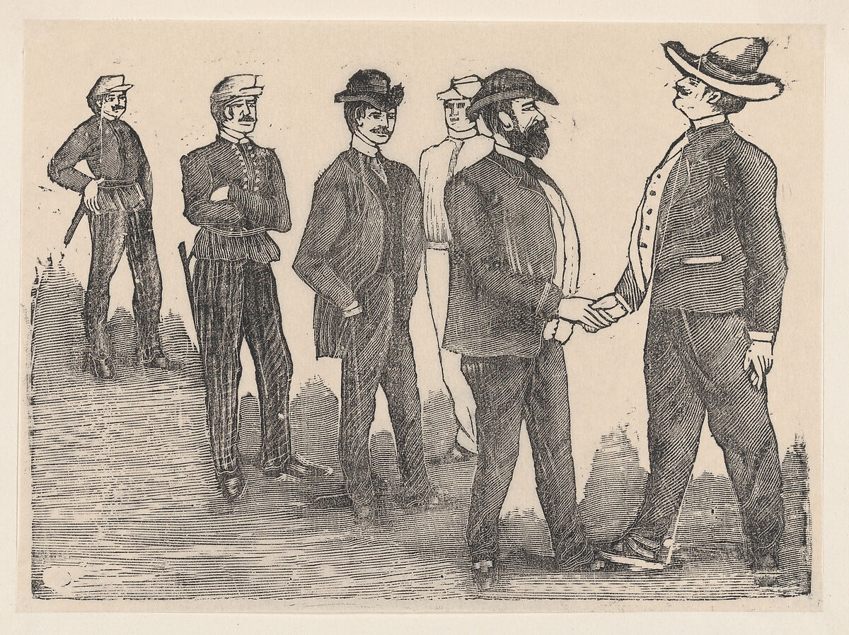 José Guadalupe Posada Two men shaking hands in the foreground and officers watching them in