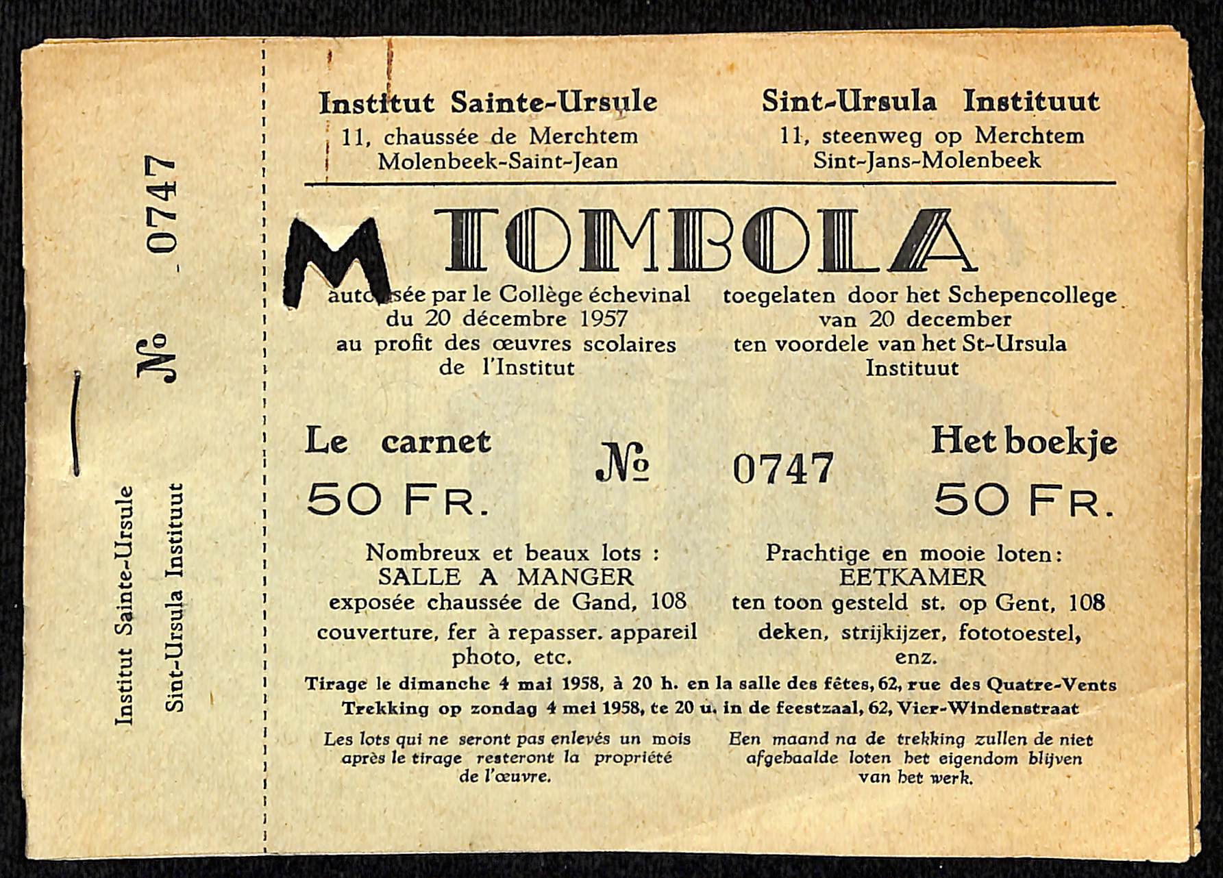 de billets de tombola de l'Institut SainteUrsule, Chaussée de Merchtem, 11 (Molenbeek