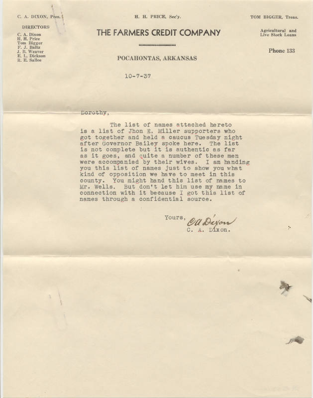 Letter, to Dorothy Dixon about John E. Miller supporters Works eMuseum