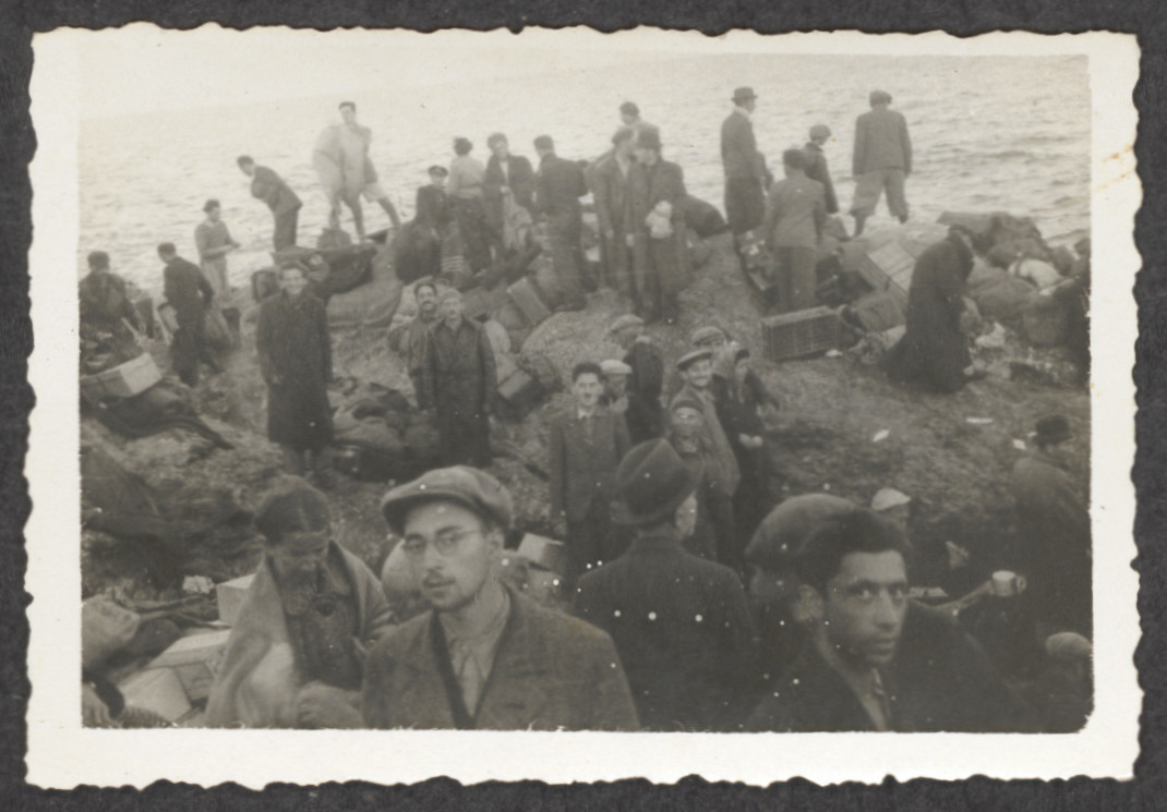 Jewish refugees from the shipwrecked Pentcho stand amid their luggage