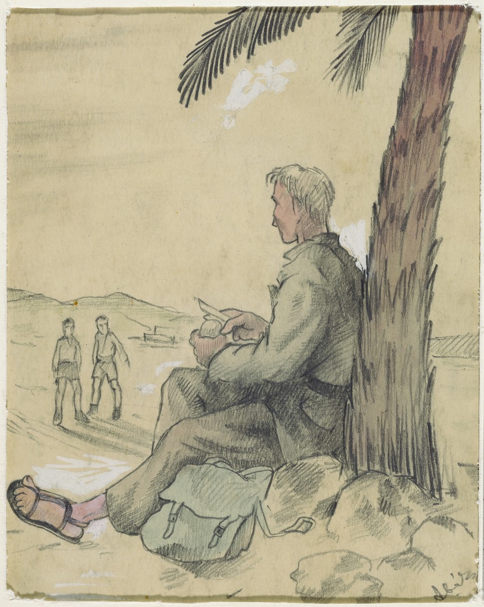 Holocaust art by Ervin Abadi. Watercolor and pencil drawing