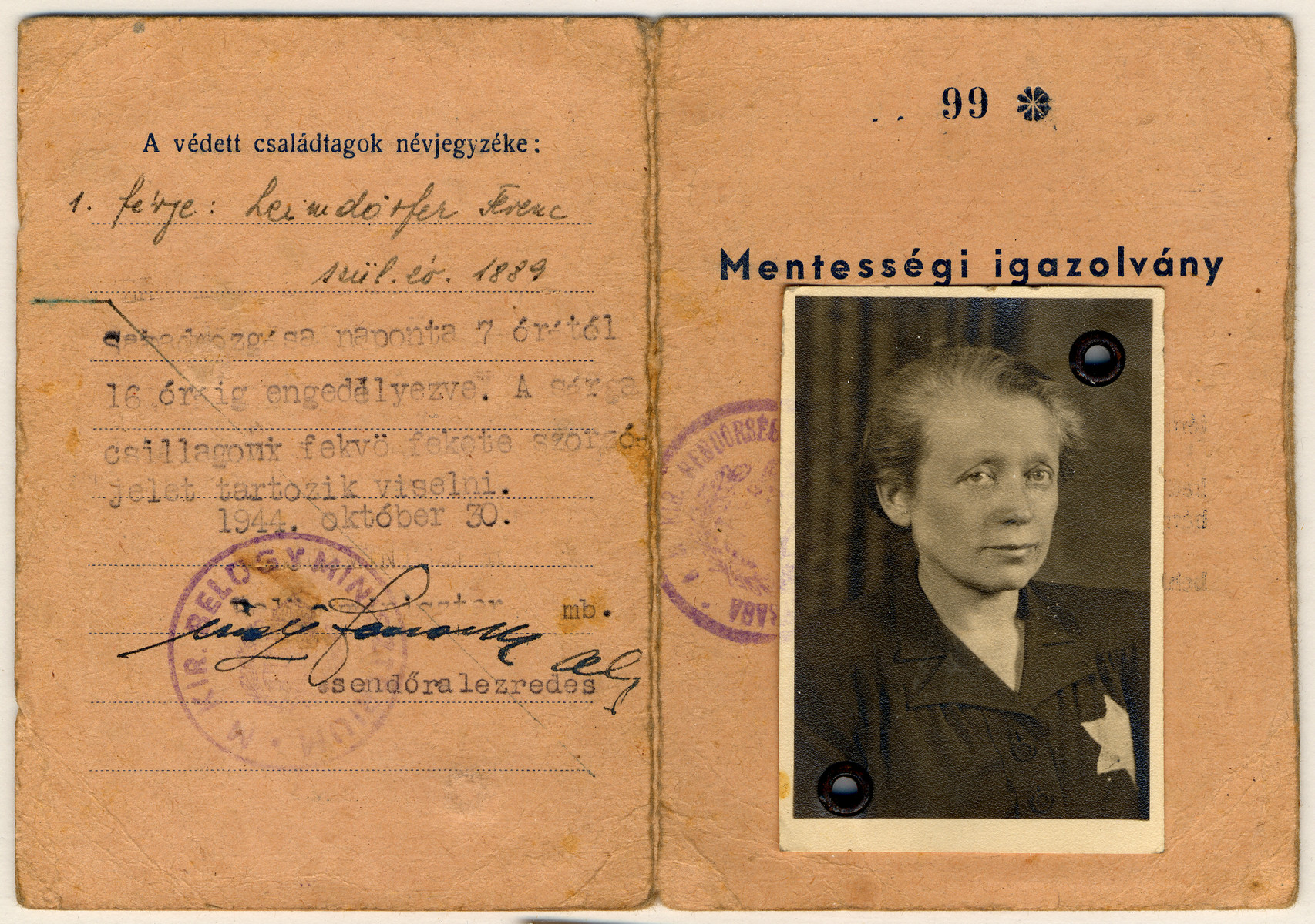 Hungarian identification card for a Jewish woman wearing a Star of