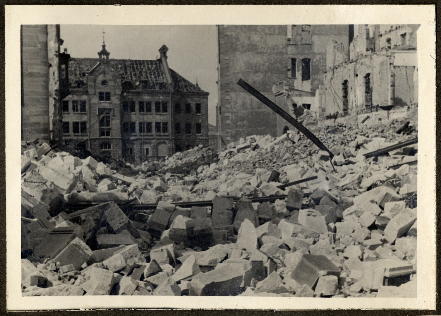 Postwar view of a rubblestrewn bombed out street in Nuremberg