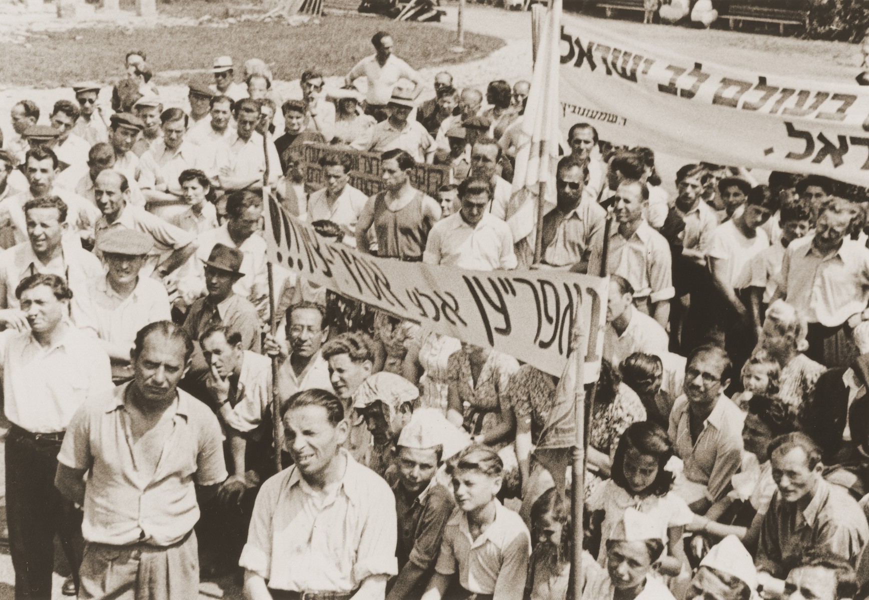 DPs in the Landsberg DP camp attend a demonstration to protest British