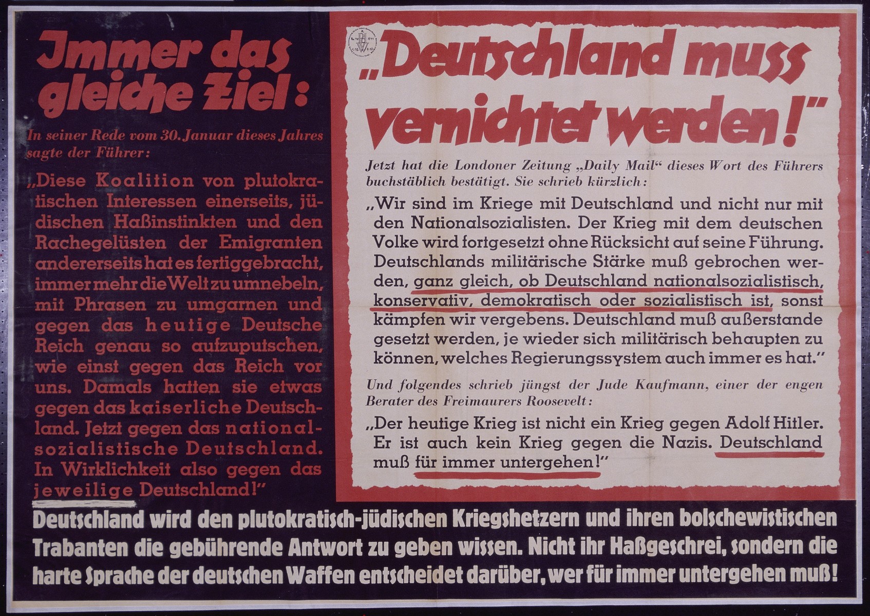 Nazi propaganda poster, entitled "Immer das gleiche Ziel Deutschland