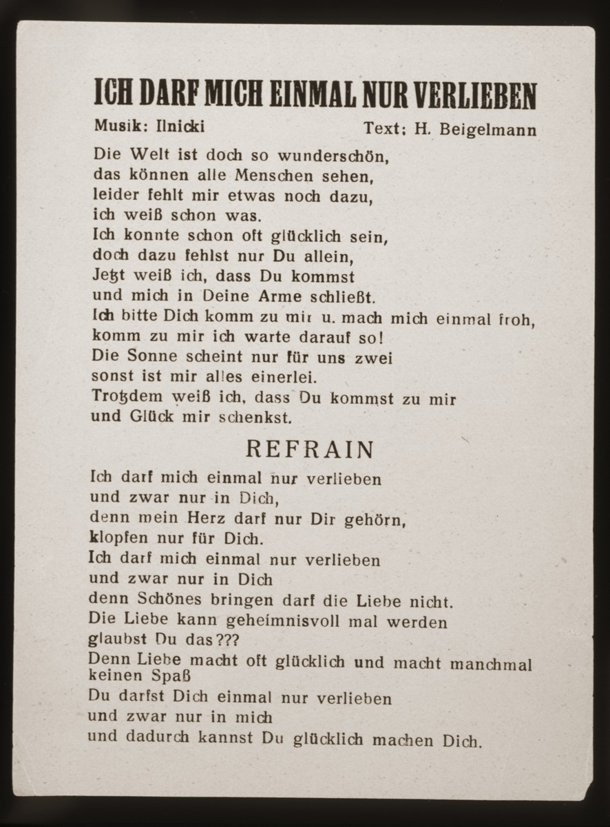 Song sheet for the German song "Ich Darf Mich Einmal Nur Verlieben" (I