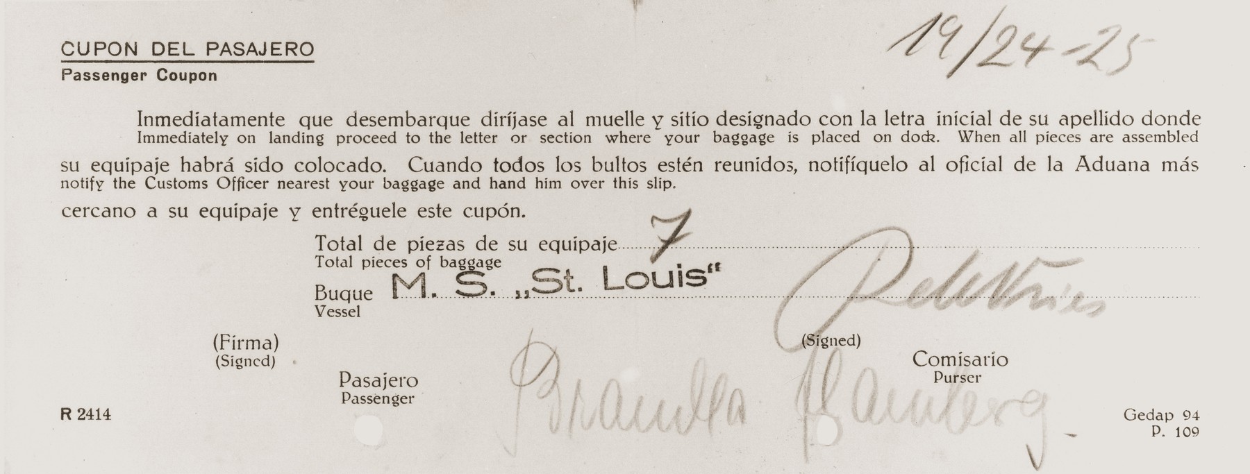 Baggage receipt issued to St. Louis passenger Brandla Flamberg at the