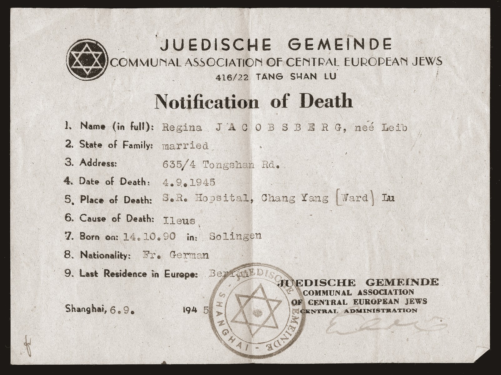 Regina Leib Jacobsberg's death notice, issued by the Jewish community