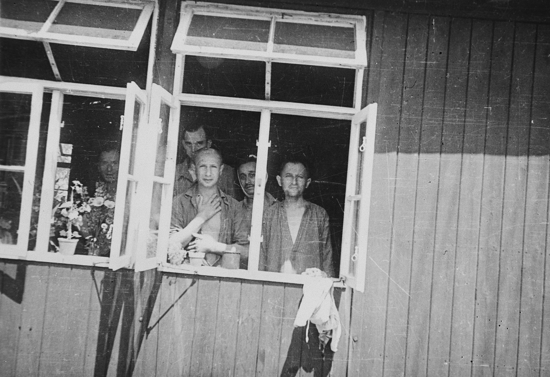 Survivors look out the window of the hospital barracks of the