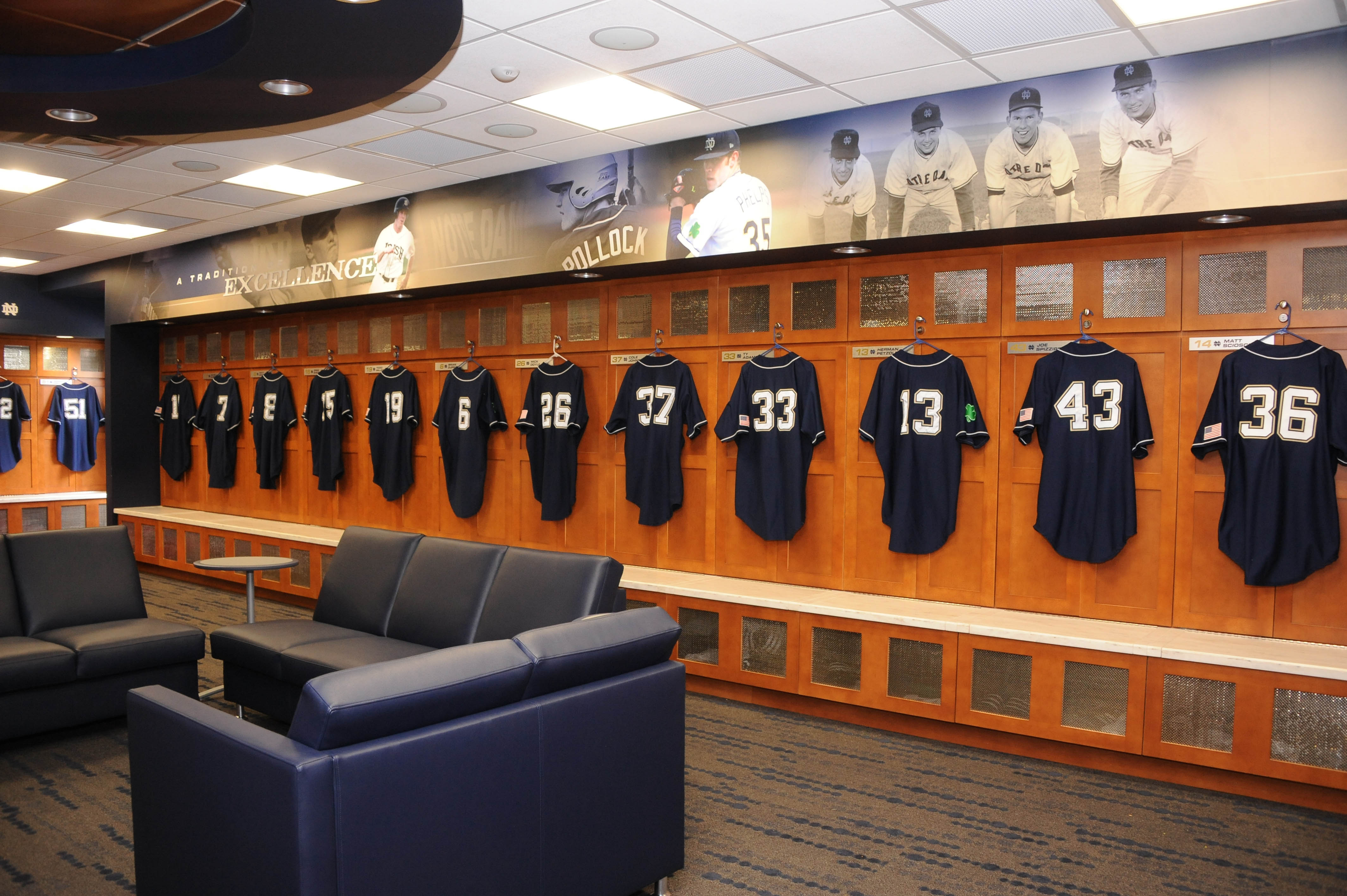 The home locker room serves as the hub for all things Notre Dame