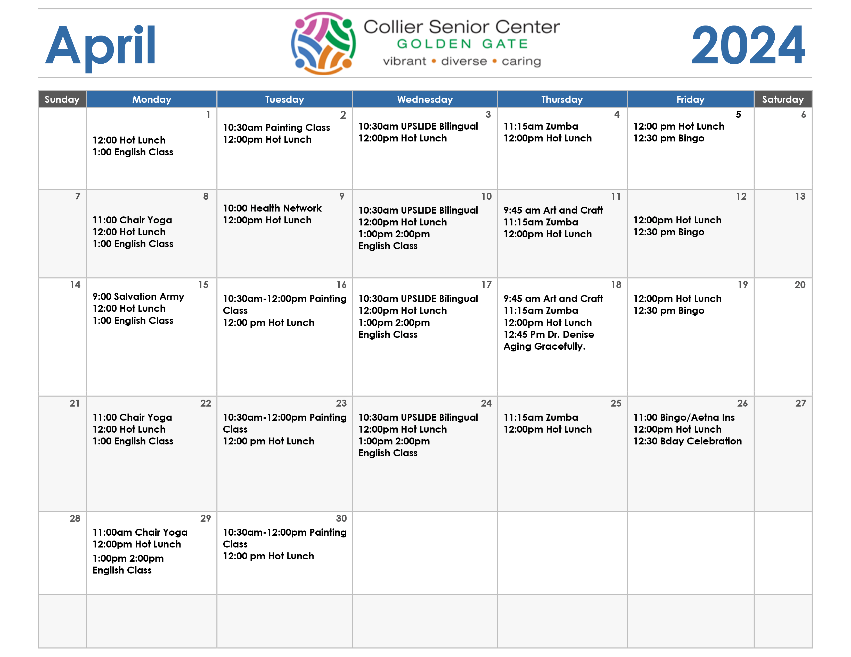 calendar Collier Senior Center