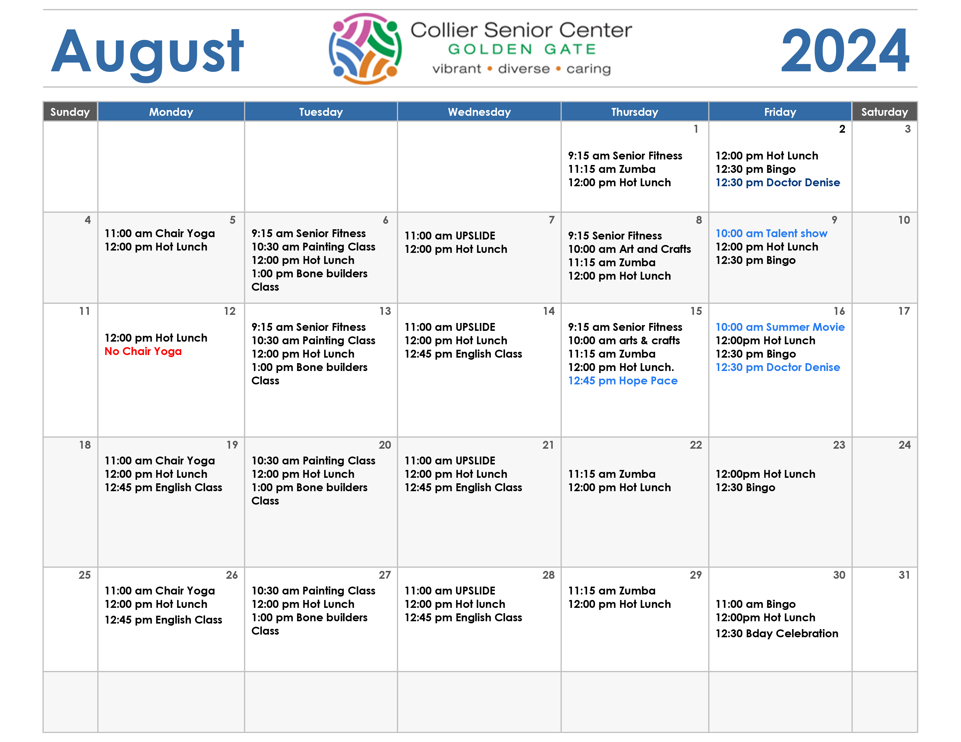 calendar Collier Senior Center