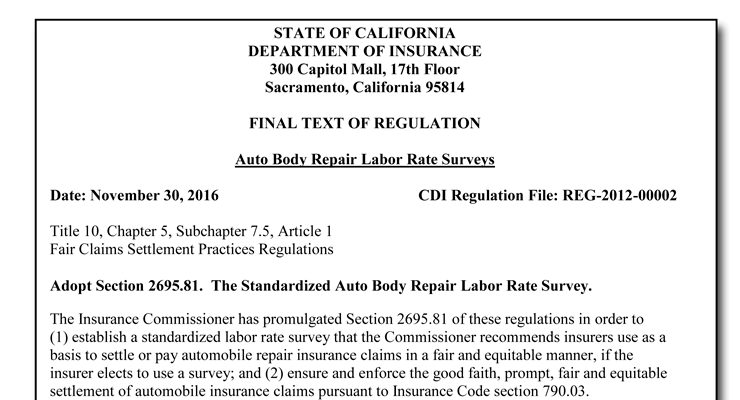 California Insurance Department Publishes Final Auto Body Labor Rate