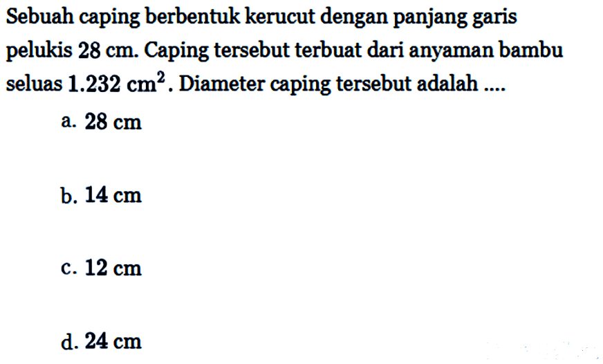 Sebuah caping berbentuk kerucut dengan panjang garis pelu...
